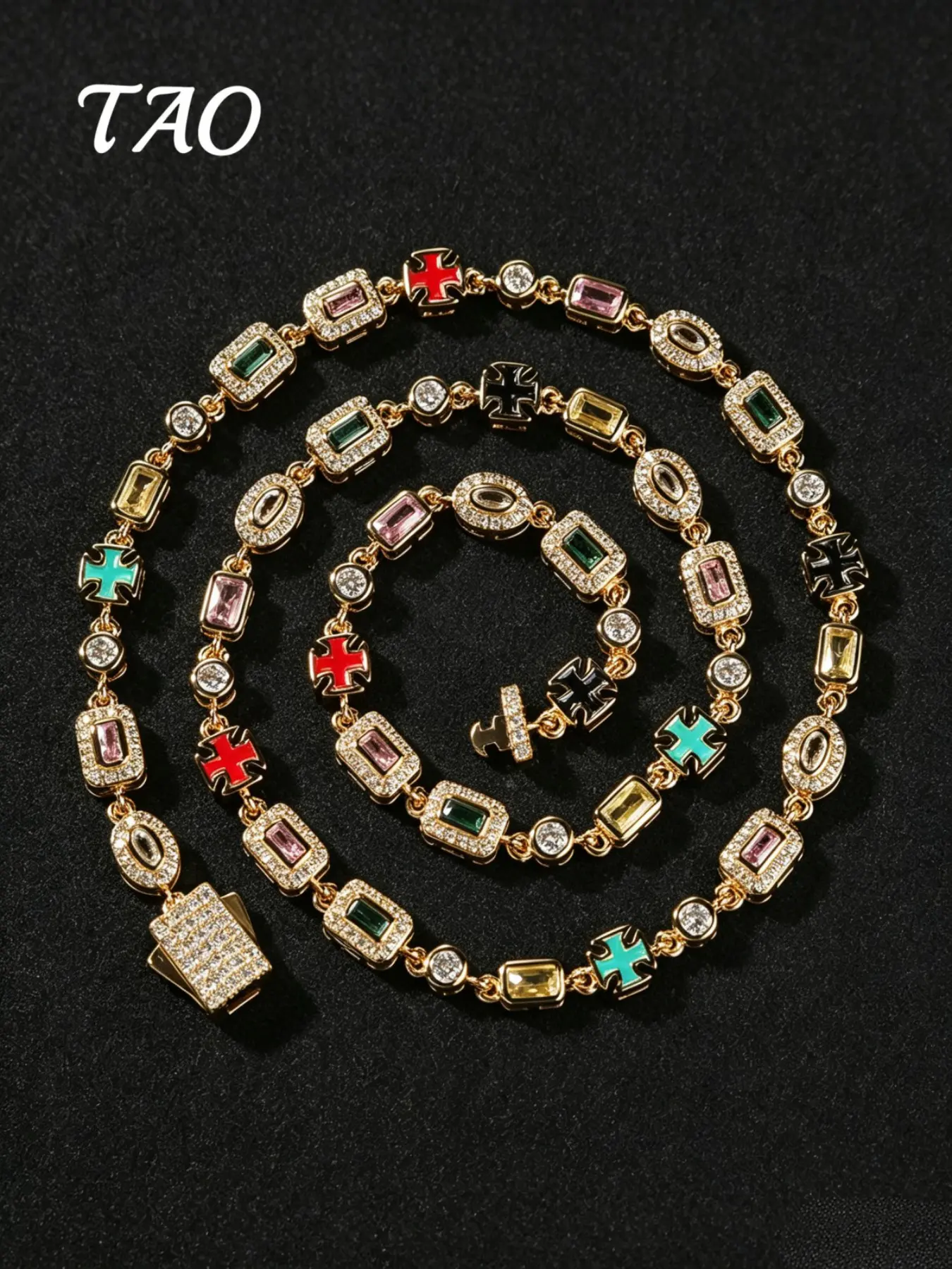 TAO-Luxurious Colorful Gemstone Necklace, 6mm Wide, Copper Inlaid 5A Zircon, Hip Hop Style, Unisex, Couple Jewelry, Fashionable and Versatile