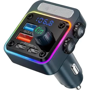 Nulaxy 54W Bluetooth 5.3 Car Adapter with 4 Charging Ports PD 36W QC3.0 18W Wireless FM Transmitter Deep Bass 5 Colors LED Backlit Hands-Free Calling Multifunctional Charger