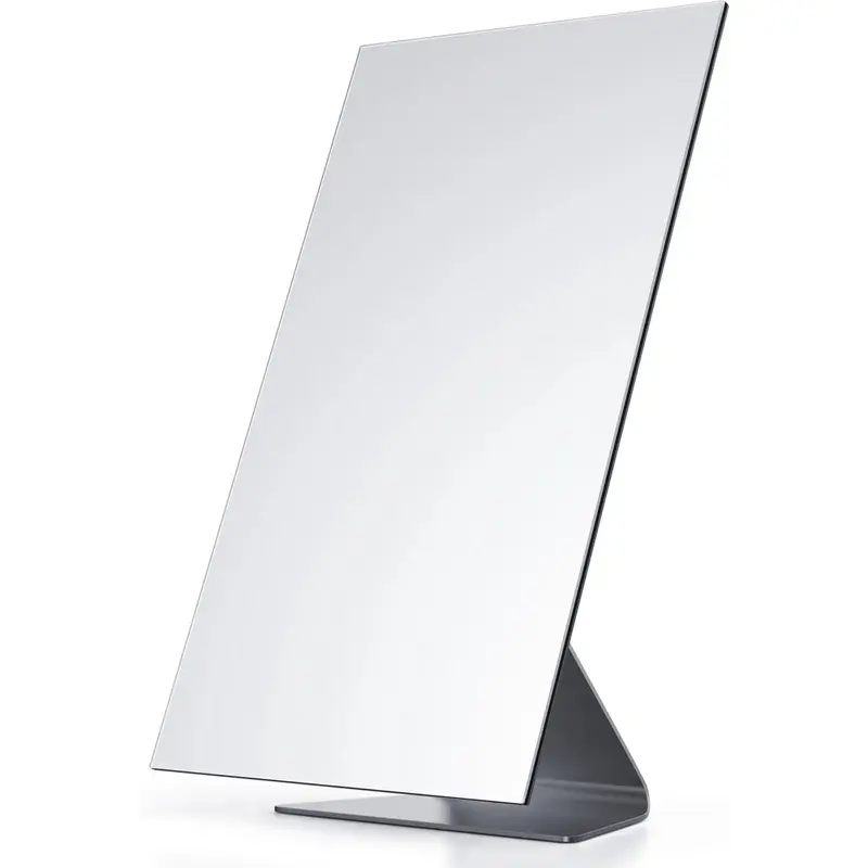 Minimalist Elegant Frameless Rectangular Glass Free-Standing Makeup Mirror - 1X Vanity Mirror with Adjustable Tilt, Metal Base, for Desk, Bathroom Countertop, 12x7 Inches Decor Gift with Sharp Reflection