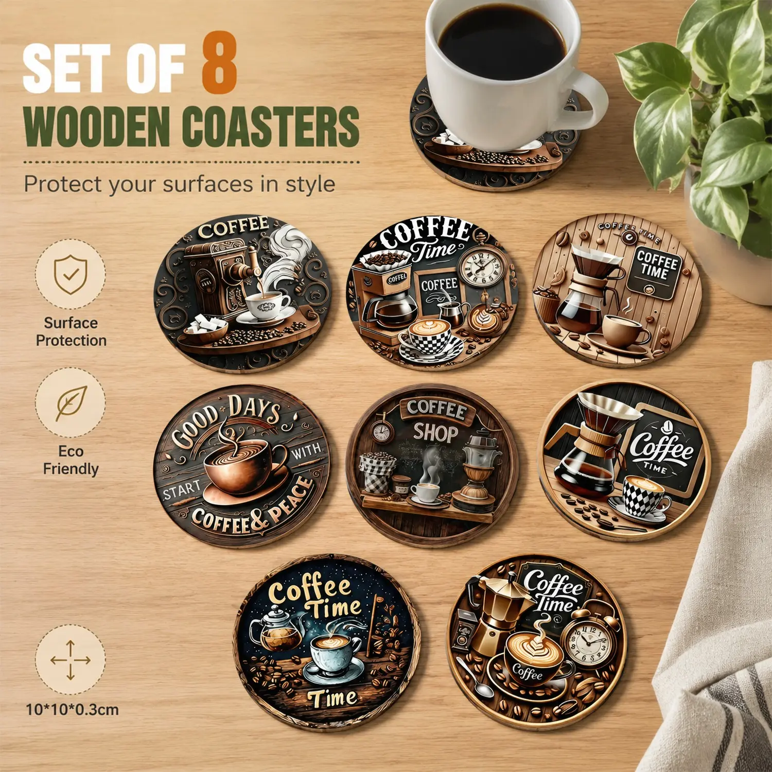 8PCS Vintage Coffee Bean Wooden Coasters Set – Decorative Tableware Rustic Matte Coffee Tone Non-Slip Heat Resistant Round Drink Coasters for Home Coffee Station Bar – Farmhouse Kitchen Counter Decor – Best Gift for Coffee Lovers Him Her