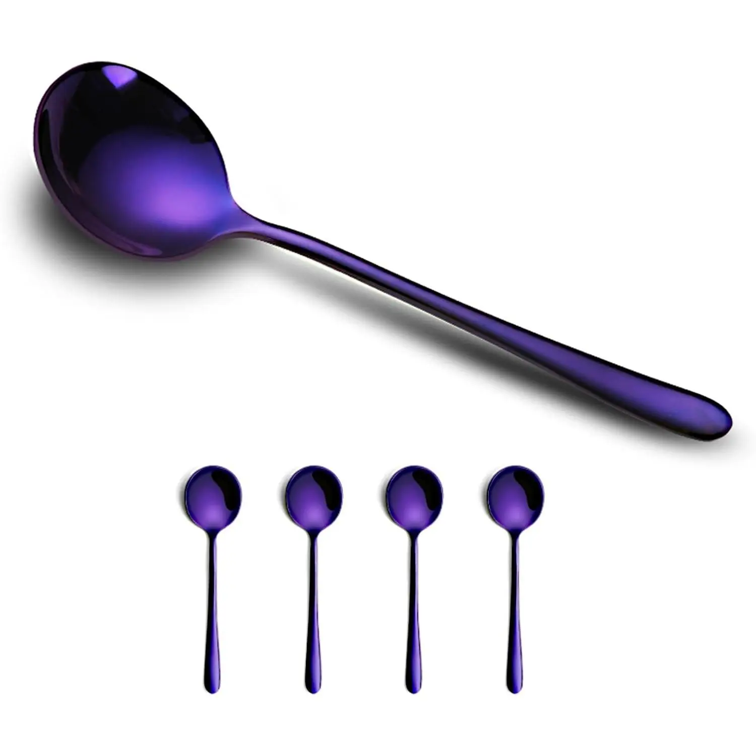 4-Piece Purple Soup Spoons Stainless Steel Bouillion Spoons, 6.88 Inch Round Head, Heavy-Weight Stainless Steel Korean Spoon Set of 4, Rice Spoon Silverware Set