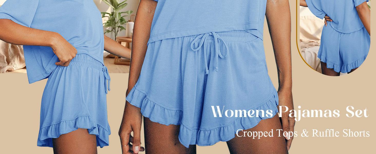 Imily Bela Womens Pajamas Set Lounge Sets Cropped Short Sleeve T Shirts Drawstring Ruffle Shorts Soft Sleepwear SpringStatements
