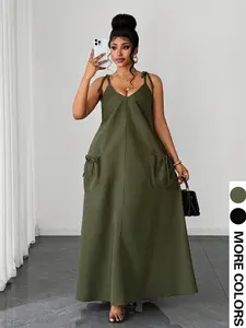 Plus Size Women's Long Casual Dress, V Neck Thin Straps Sleeveless Maxi Dress, Pocket Loose Fit for Curvy Body, Beach & Brunch, Casual Wear