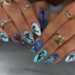 24pcs Summer Beach 3D Shark Nails, Decorative Nails, Handmade Blue Ocean Reusable Press on Nails, Nails Art, Perfect for Vacation, Stylish and Durable Design