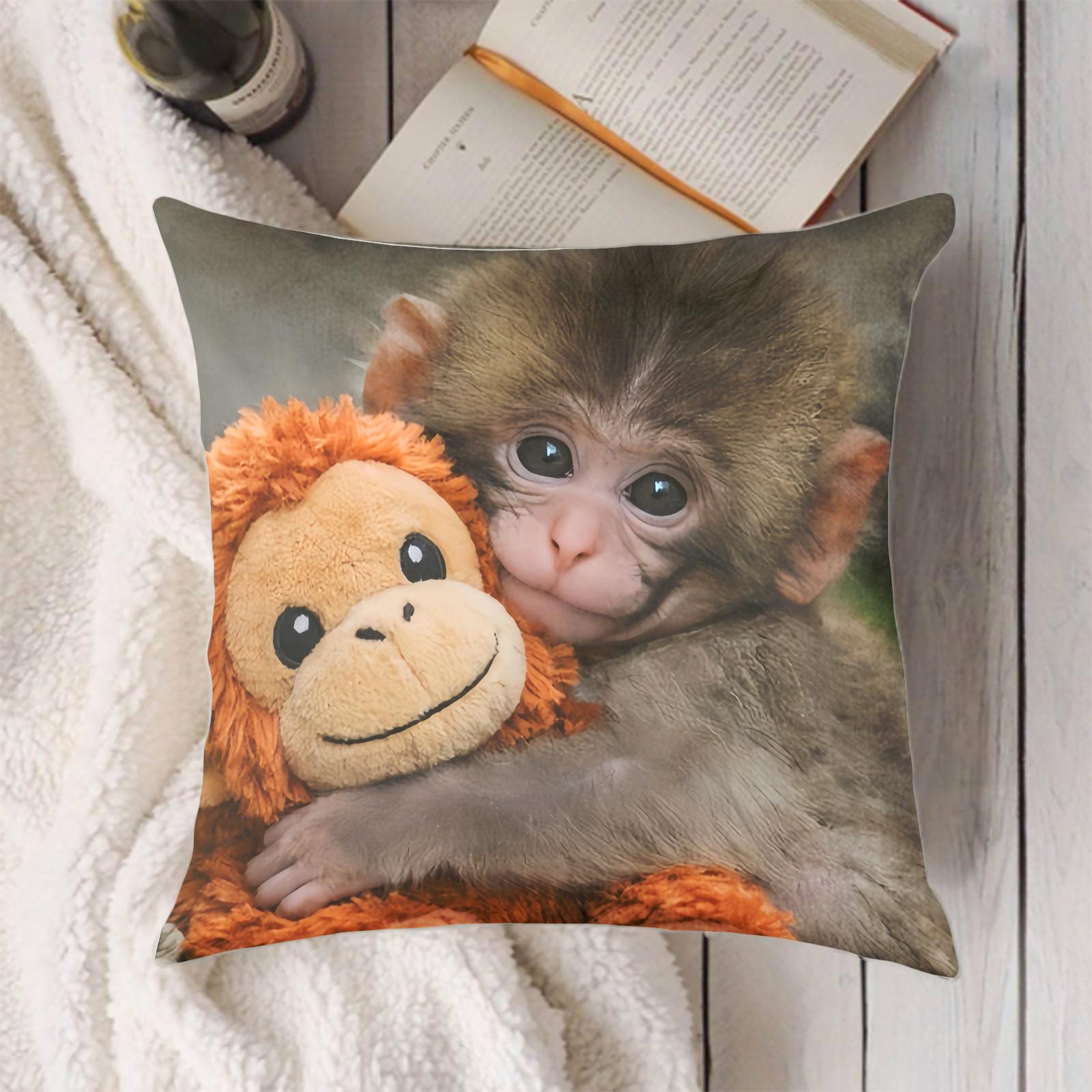 Punch Monkey pattern Throw Pillowcase,Emotional Support Animal Lover Gift,Baby Monkey Hugging Plush Monkey Cover Throw Pillow Single-sided printing Linen Material ,no pillow insert,Bedroom Sofa Decorations.