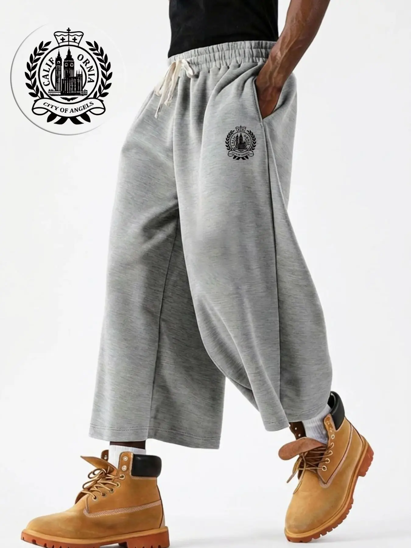 Light gray wide-leg cropped sweatpants with a Los Angeles, USA badge; loose fit, drawstring casual V-neck sweatpants, Athletic casual pants, Athletic casual trousers, Graphic Sweatpants