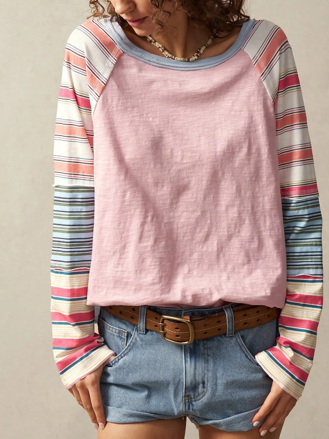 Boho Style Loose-Fit T-Shirt, Polka Dot Pattern, Rainbow Stripe Sleeves, Front Back Blue, Vintage 90s Aesthetic, All-Season Wear