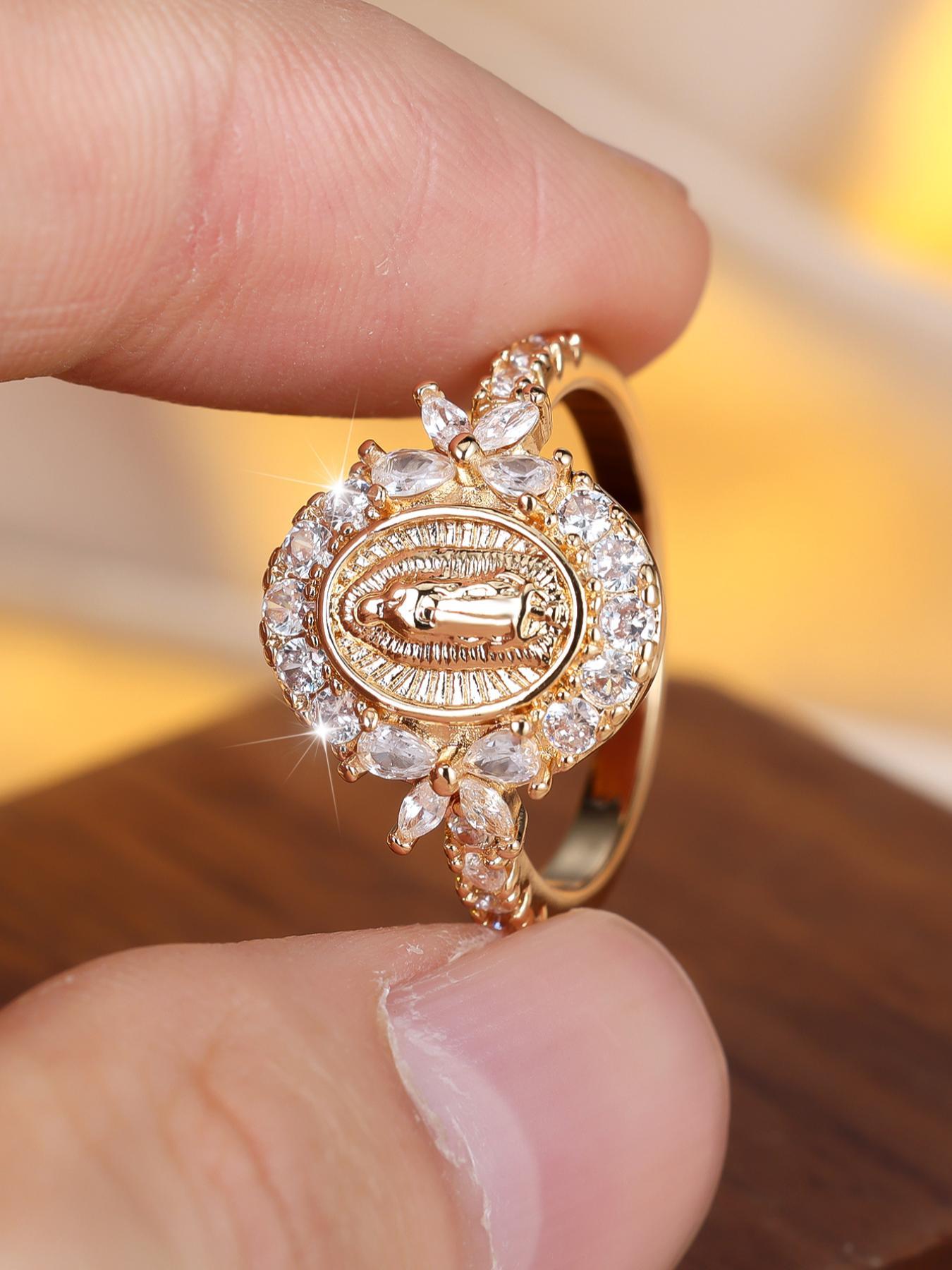 Elegant Virgin Mary Design Ring, Fashion Marquise Cut Artificial Zircon Accents Ring for Party, Everyday Accessory, Trendy All-match & Exquisite Jewelry for Birthday Gift