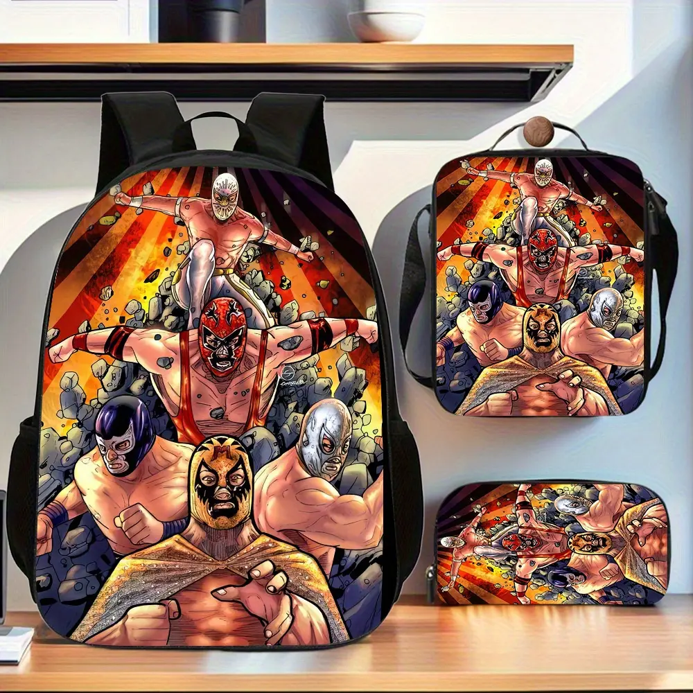 3-Piece Teen Water Resistant Backpack Set, Lucha Libre Multi Legend Masked Wrestlers Broken Stone Red Sunburst Print School Kit Backpack Lunch Bag Pencil Case 600D Oxford Mexican Wrestling Culture Fans Daily Use