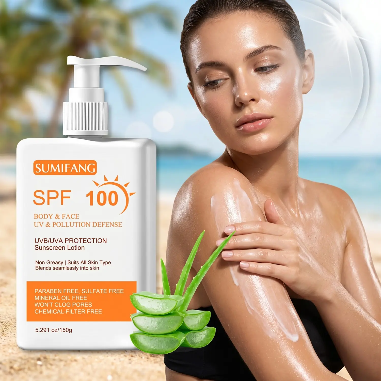 SUMIFANG SPF 100 Body & Face Sunscreen (150g) – Zinc Oxide + Aloe Vera + Glycerin – Full-body UV protection, water-resistant formula, fast-absorbing & non-greasy, chemical-filter-free, suitable for all skin types.