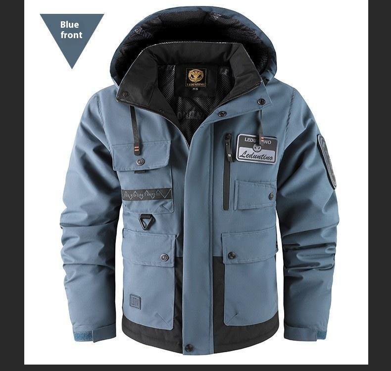 BIGWIG men's autumn and winter hooded parka, thickened warm work jacket, multi-pocket work top, windproof and waterproof cotton clothing, sports hooded jacket, cotton warm soft shell clothing, outdoor camping outdoor jacket