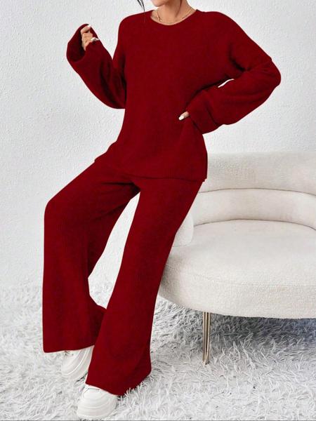 Women's Raglan-Sleeve Split Sweater & Elastic-Waisted Pants Set, Basic Round-Neck Top & Pants Set, Autumn & Winter Clothing for Daily Wear