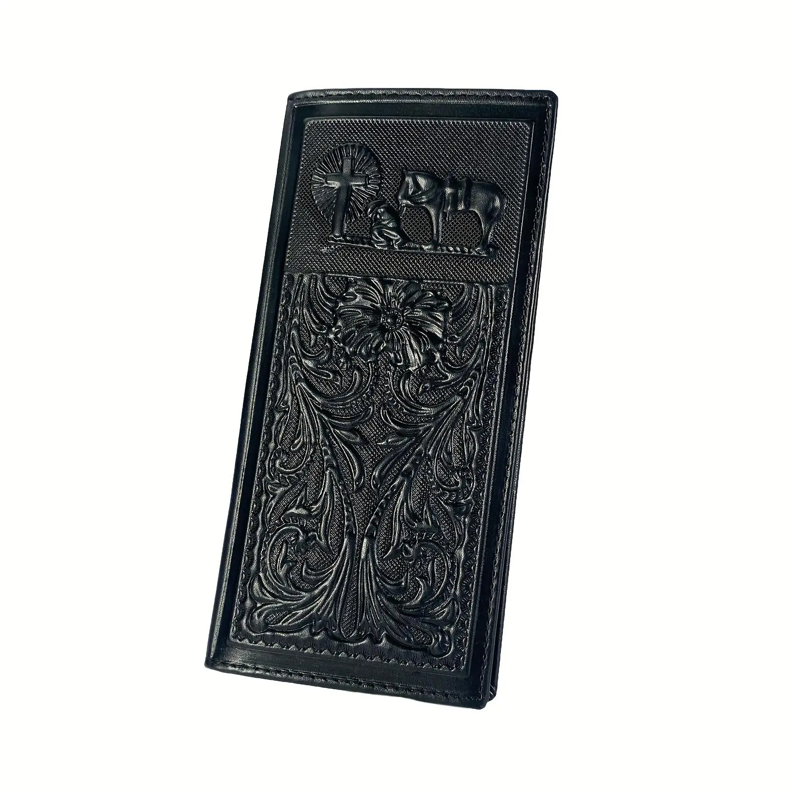 Handmade Men's Prayer Design Genuine Leather Checkbook Wallet For Men 13 Card Slots Long Holder Wallets