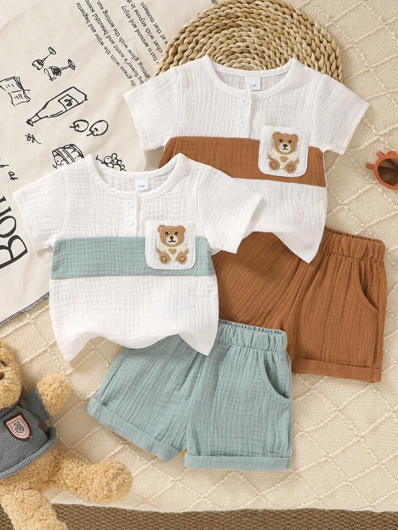 4Pcs Baby Boy Summer Outfit Set, Bear Embroidered Patch Pocket Color Block Cotton T-Shirt & Athletic Shorts, Soft Casual Toddler Clothes for Everyday Wear, Vacations & Outdoor Activities
