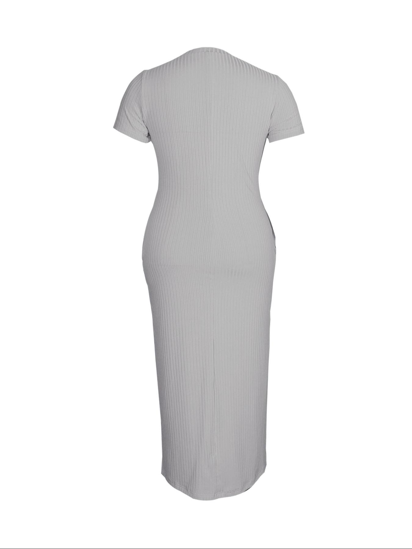 Plus Size Plain Pocket Round Neck Bodycon Fit Dress, Casual Short Sleeve Ribbed Long Dress for Summer, Women's Clothes for Daily Wear