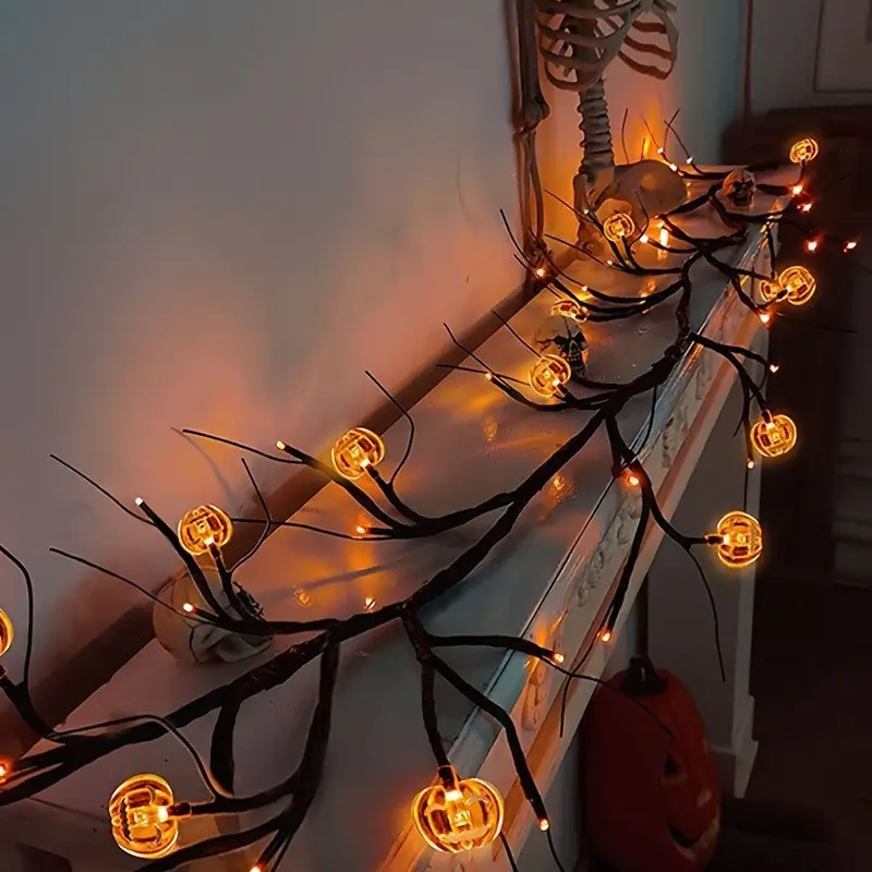 6-Foot 54-Light Acrylic Pumpkin String Light, Decorative Lights, Halloween Decor, Home Decoration, Vine Lamp, Atmosphere Simulation, 18 Pumpkins