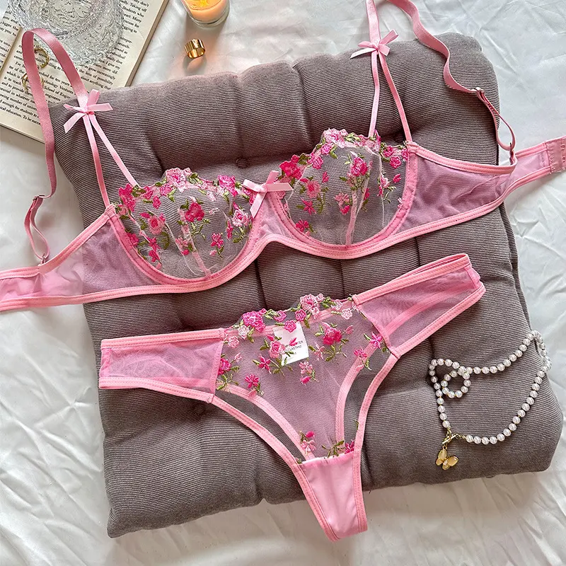 French-style lingerie set for women with embroidered lace, thin cotton cup, and bow strap bra set, 2-piece lingerie set