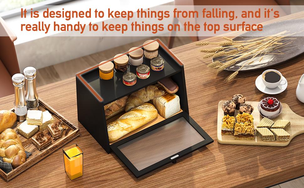 Large Bread Box, Easy Access & Cleaning - Bamboo Bread Box for Kitchen Countertop with Acrylic Door (Black, Medium)