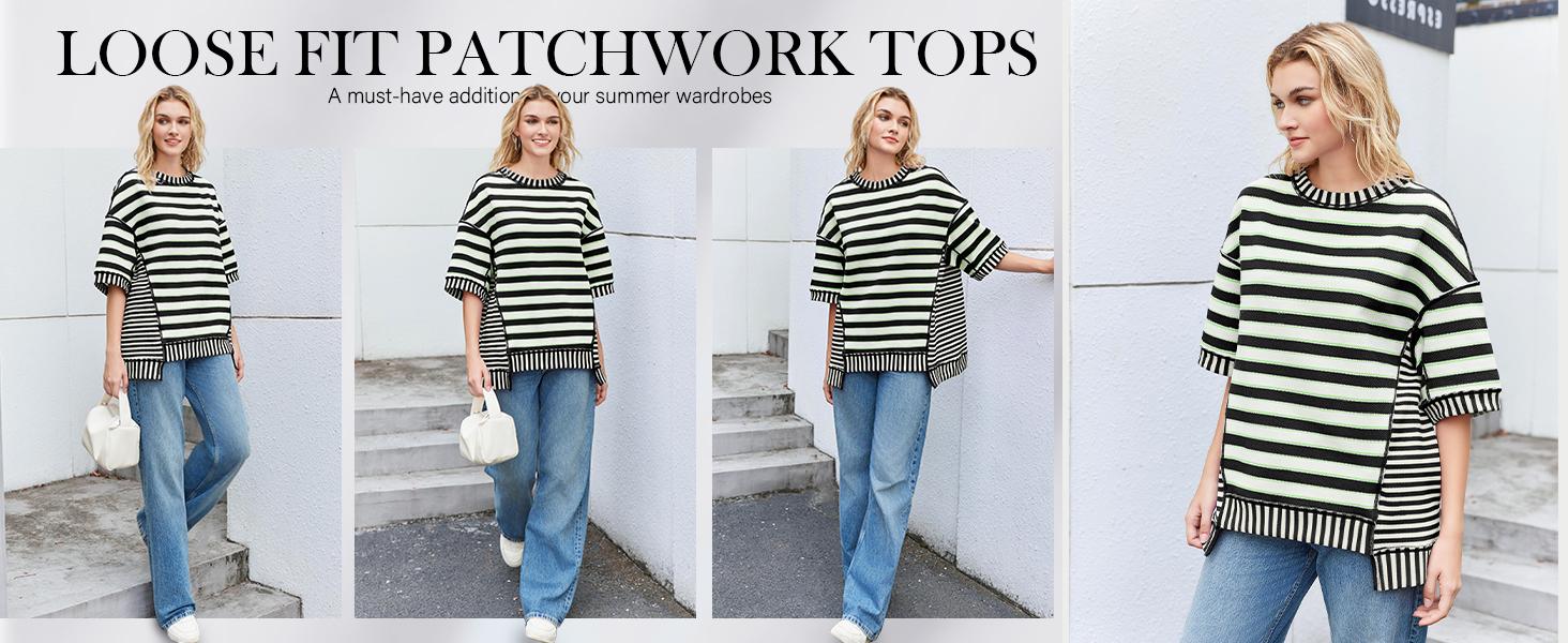 Imily Bela Womens Oversized Striped Shirt Summer Half Sleeve Tops Crew Neck Sweatshirts Casual Blouse