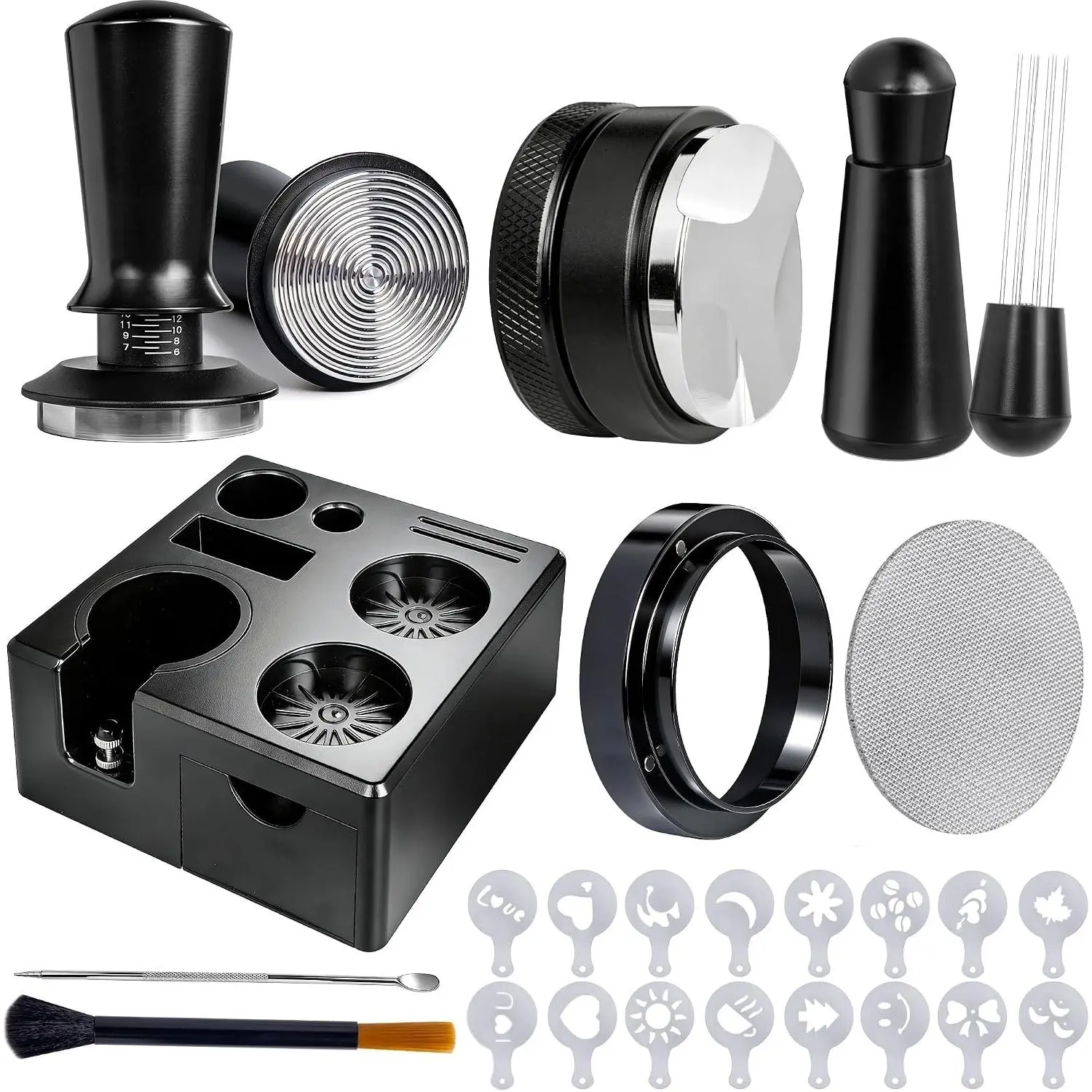 9 PCS 54mm Espresso Accessories Kit with Tamper Station, Coffee Tamper Set Includes WDT Tool, Distributor, Puck Screen, Dosing Funnel, Espresso Tool Kit for 54mm Portafilter