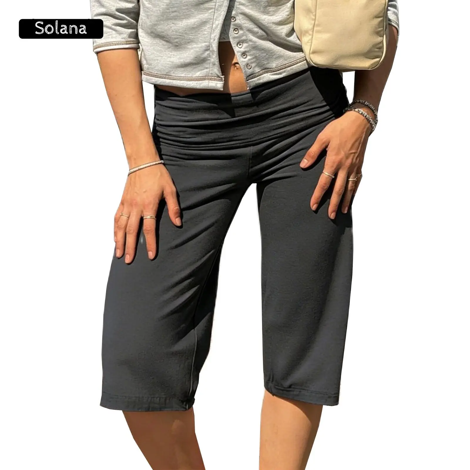 Y2k Women Low Rise Gaucho Pants Foldover Wide Leg Capris Palazzo Yoga Pants Flowy Cropped Culottes Lounge Bottoms