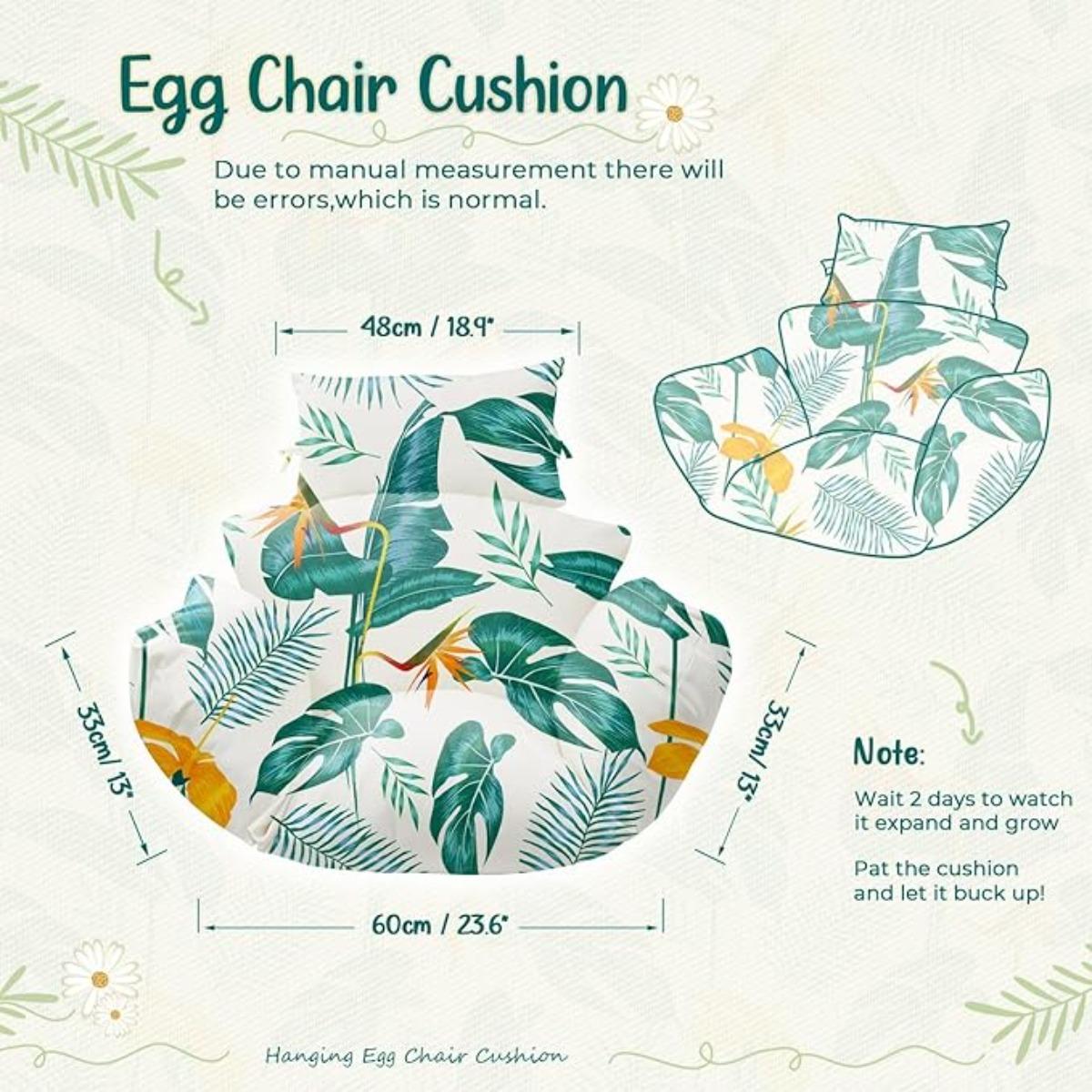 Waterproof Egg Chair Cushion Replacement 47x31.5x4.7 inch Thicken Hanging Egg Swing Chair Cushion IndoorUthem Outdoor Wicker Rattan Hammock Basket Cushion with Headrest Pillow, Yellow-Green Leaf