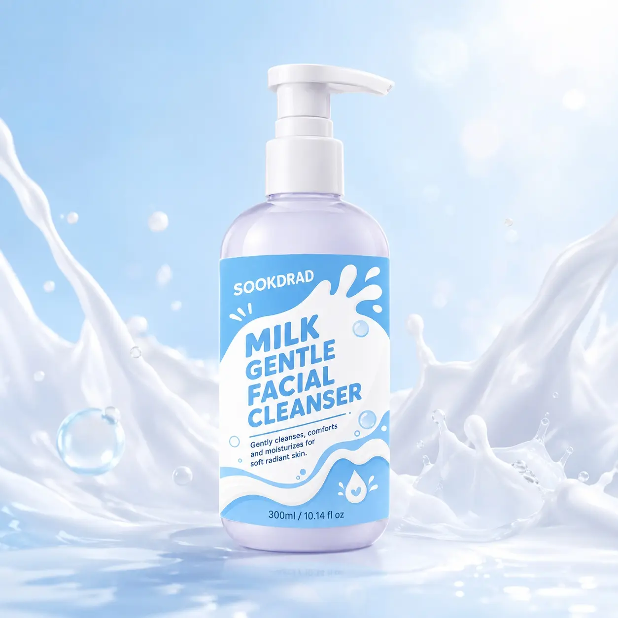 Milk Gentle Facial Cleanser, milk ingredient, gently cleanses, comforts, moisturizes, for face, soft radiant skin, 300ml/10.14 fl oz