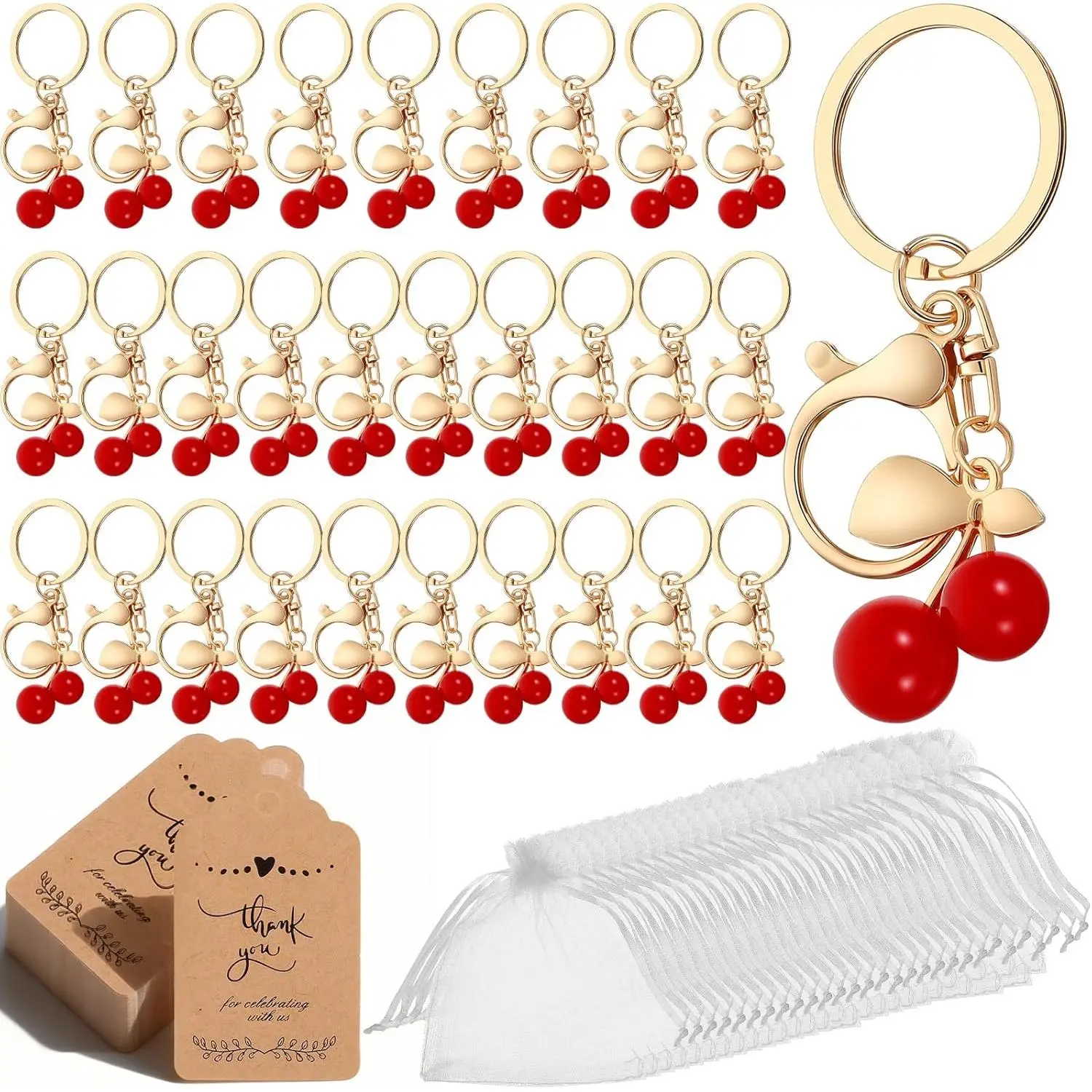 30 Set Red Cherry Keychain Party Favor Cherry Thank You Keyring Gift Fruit Charm Accessories Souvenir Present Tag Organza Bag Xmas Party Gifts for Guest Baptism Baby Shower Wedding Thanksgiving