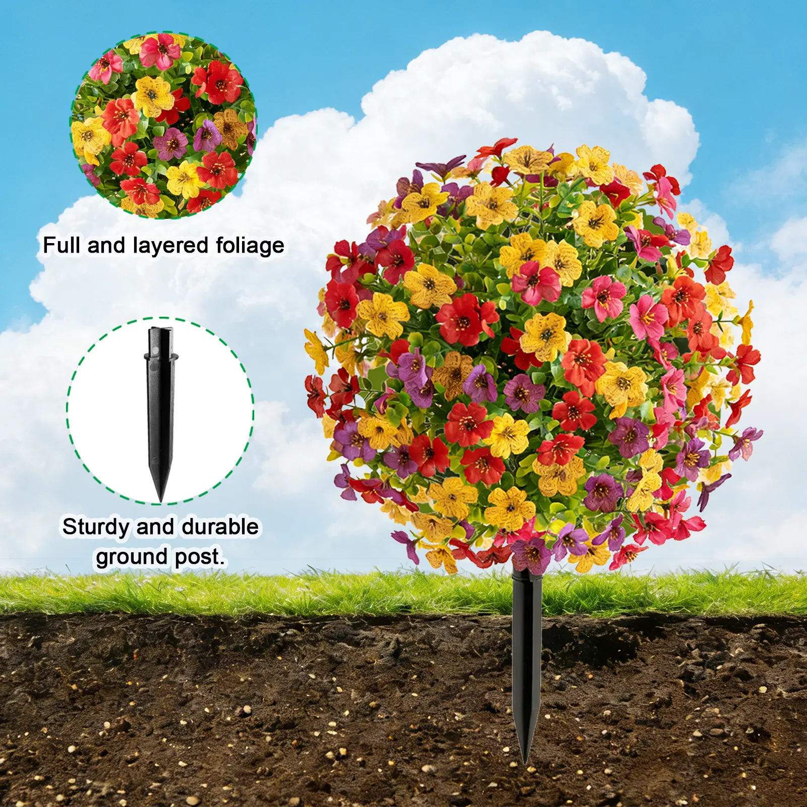 1/2/4 Pcs 24" Artificial Topiary Ball Plants Violet with Flowers, Outdoor Fake Topiary Plants with Ground Spike, UV Resistant Faux Bushes for Indoor Outdoor Front Door Decor Mix Color
