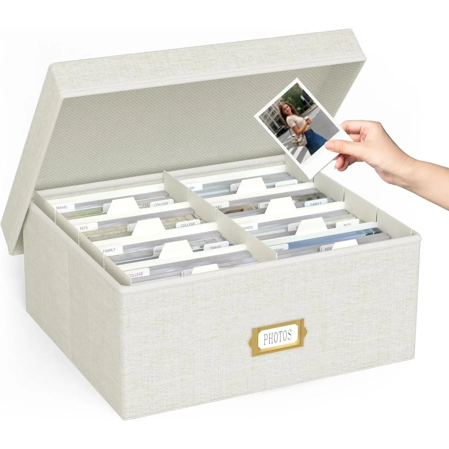 Decorative Photo Storage Box, Linen Photo Box Holds 1700 4x6 Pictures Beige| Photo Storage Containers with 8 Dividers, Memory Keepsake Organizer for Photos, Scrapbook Supplies, Cards, Stamps,Archive Box