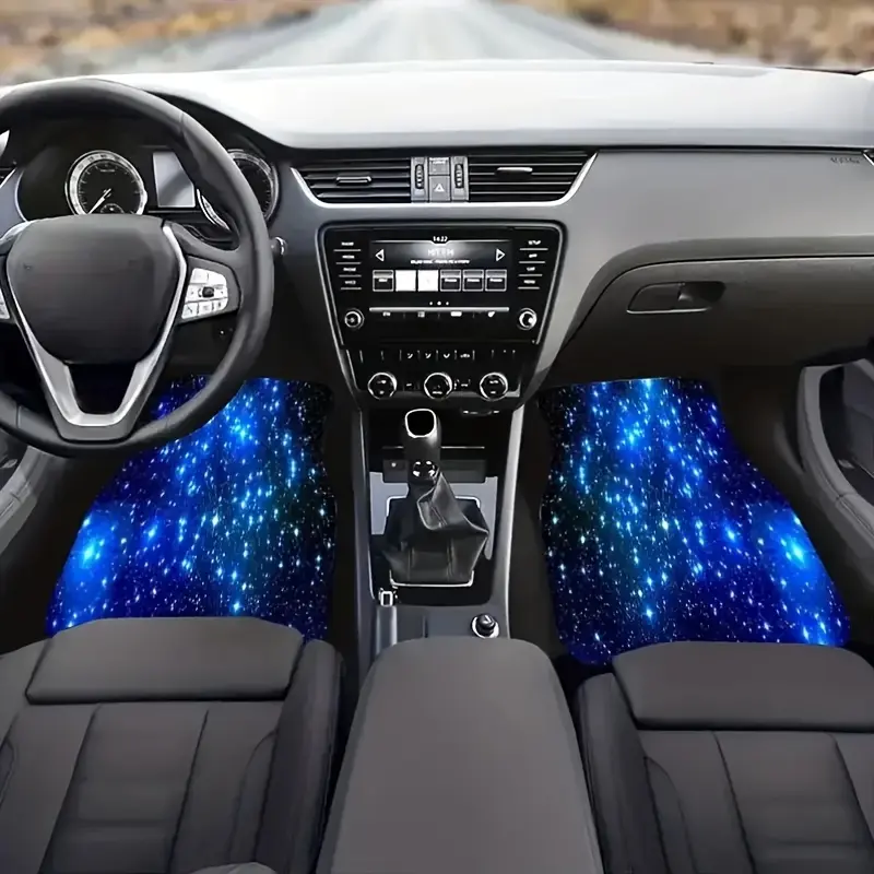 A set of 4 blue star car floor mats, suitable for front and rear seats of vehicles, including sedans, SUVs, and trucks. Made of durable polyester carpet, these mats provide protection for the car's interior throughout the year and are a perfect gift for b