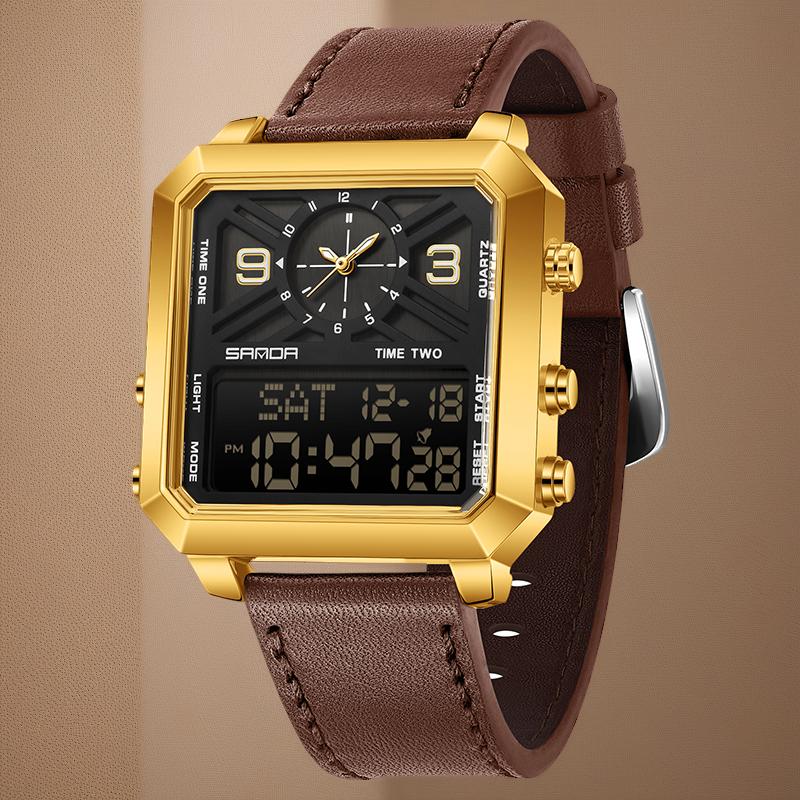 Men's square multifunctional dual screen watch with 3 time zones, stopwatch, alarm clock, countdown and other functions, 30MW waterproof and night light, multiple styles suitable for sports, business and daily wear