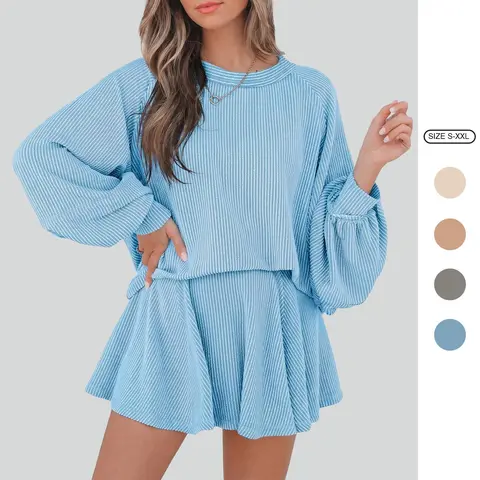 Imily Bela Women's Ribbed Crew Neck Balloon Sleeve Top & Skirt Set - Energetic Casual Two-Piece