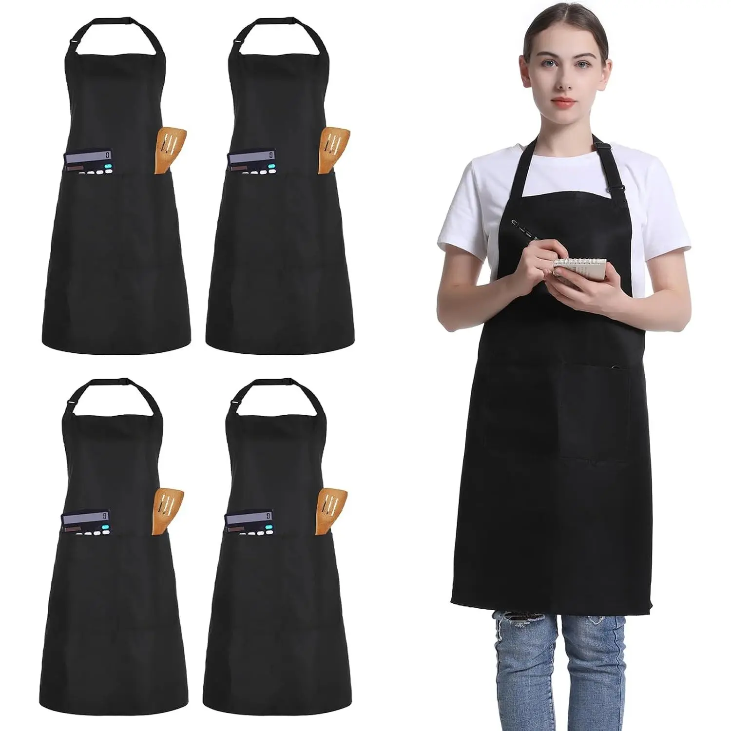 4 Pack Chef Apron, Adjustable Apron with 2 Pockets, Unisex Personalised Apron for Cooking, Kitchen, Restaurant