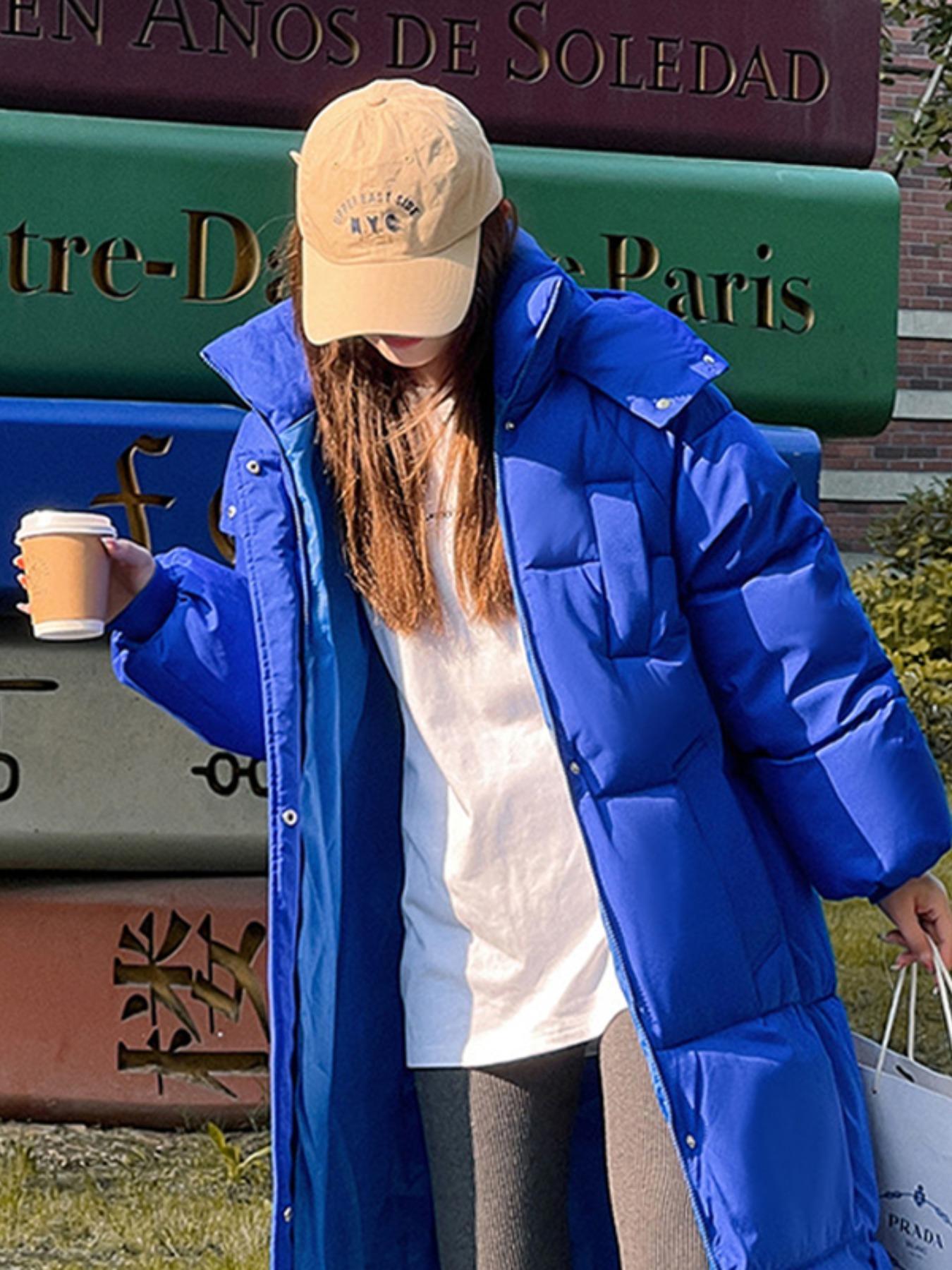 Women's Solid Button Front Pocket Zipper Drop Shoulder Midi Winter Coat, Jackets, Casual Long Puffer Coat For Fall & Winter, Women's Clothing For Daily Wear