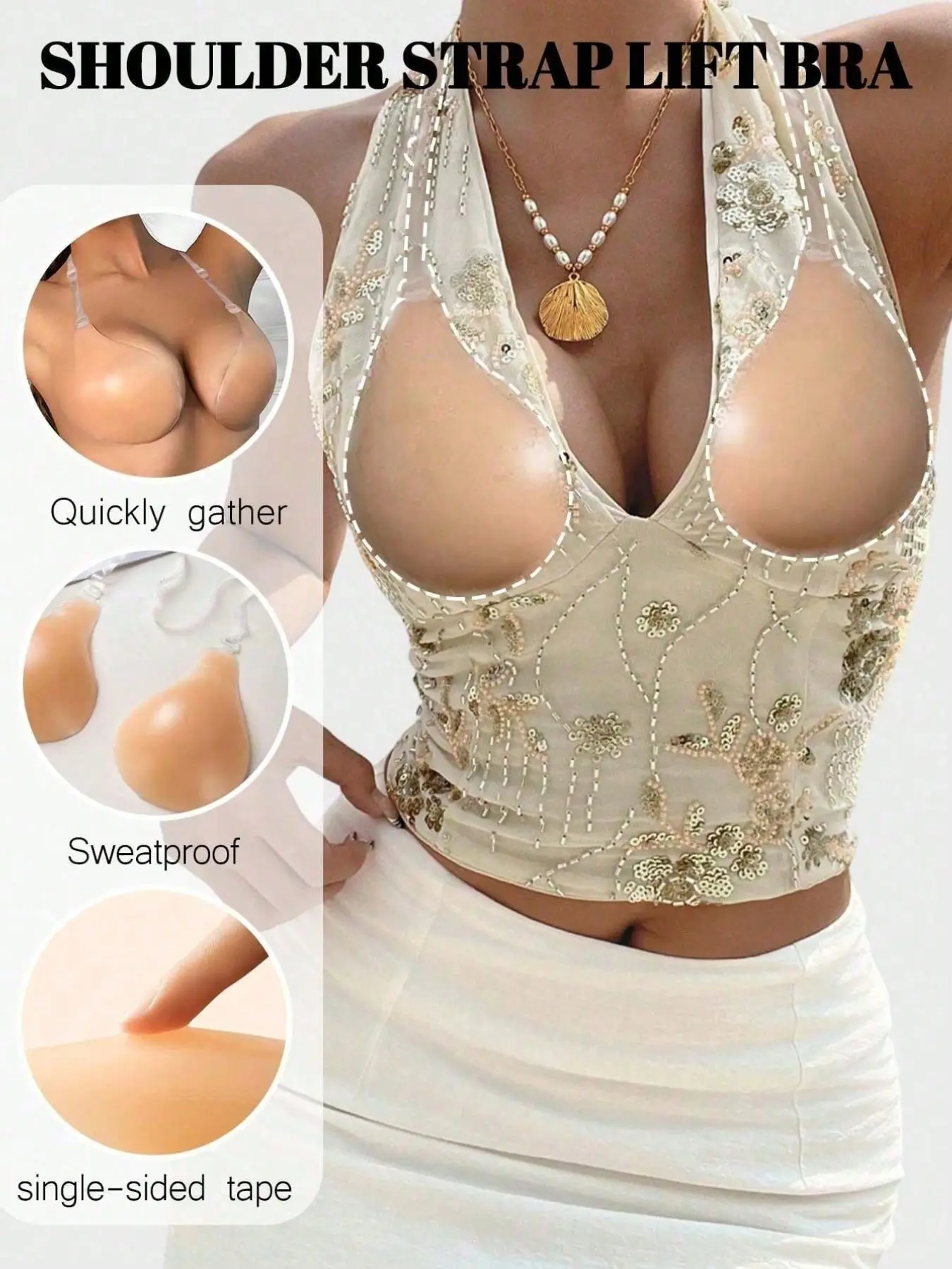 Silicone Invisible Bra with Straps, Non-Slip, Anti-Downward, Shaping, Lifting, Gathering, Ideal for Wedding Photos, Strapless Dresses, Invisible Underwear, Skirts