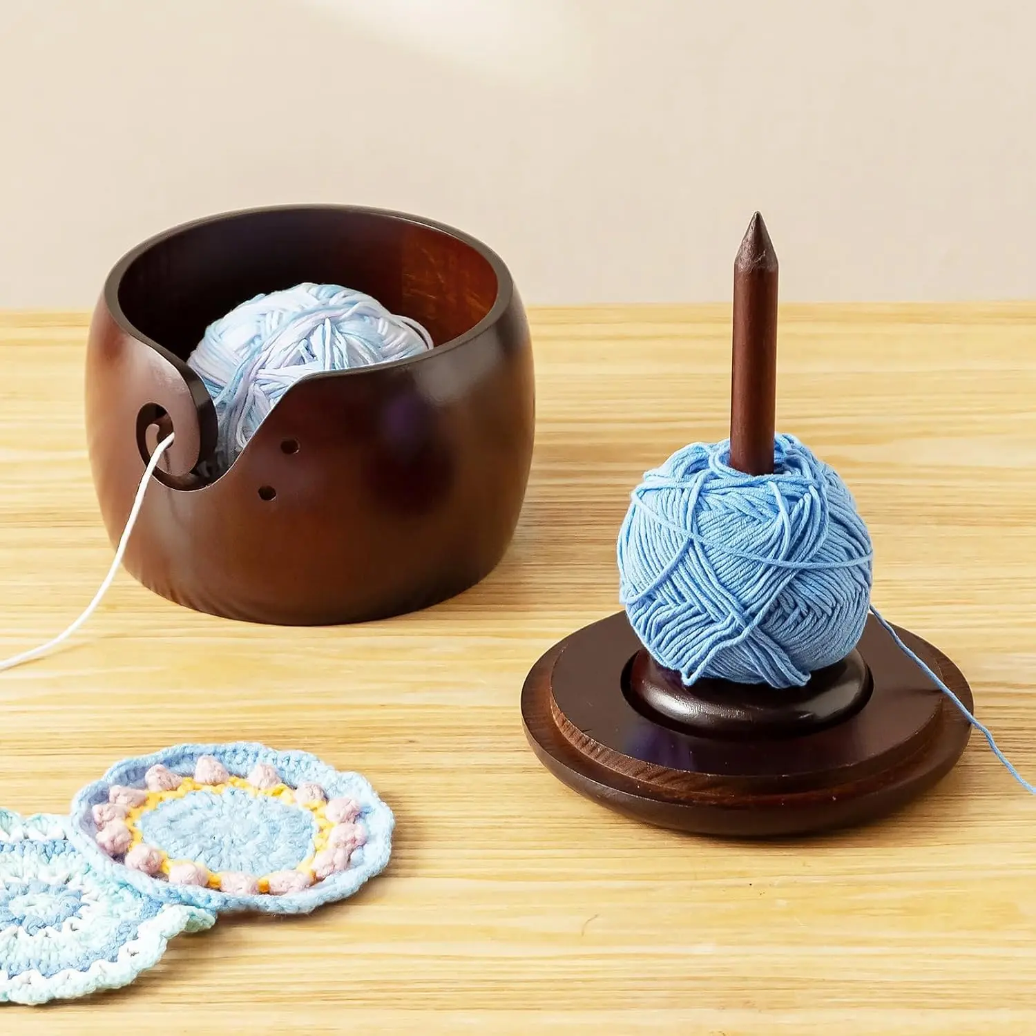 Wooden Yarn Bowl With Removable Yarn Holder, Large Crochet Bowl With Lid And Handmade Holes, 2 In 1 Knitting Bowls For Wool Spinnering And Storage(6.3" X 6.3" X 4.7in)