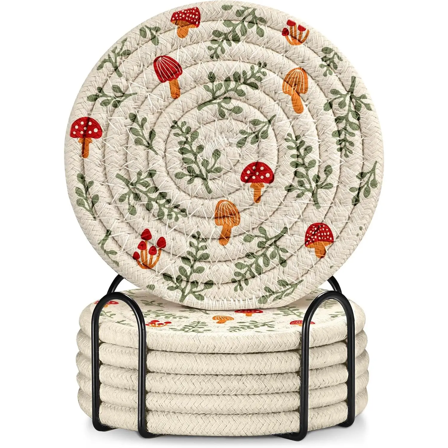 Absorbent Mushroom Print Fabric Coasters - 6-Piece Farmhouse Set with Holder Stand, Soft Woven Braided Cloth for Coffee Wooden Table, Office Desk, Indoor Furniture Use, Six Pieces