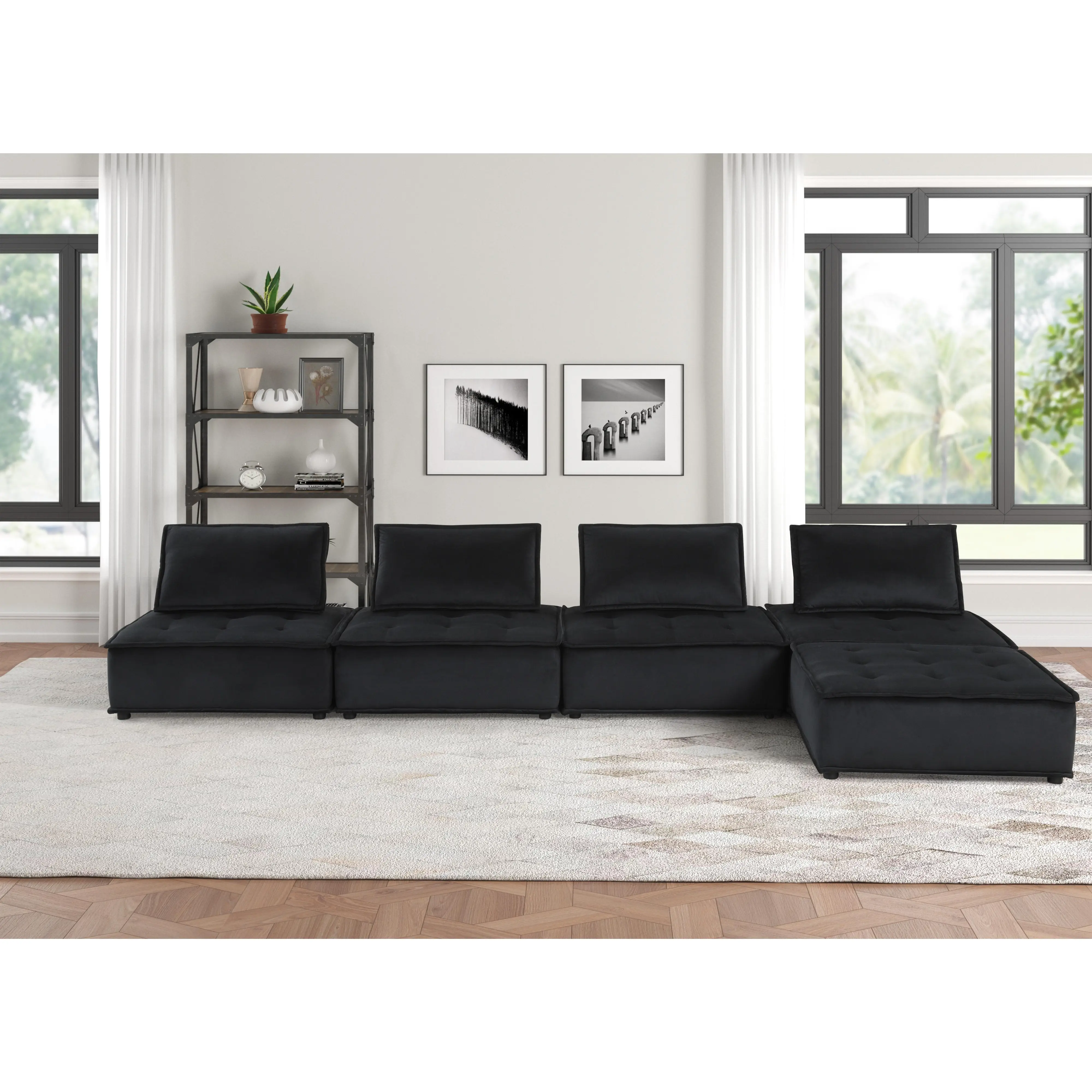 160" Black Velvet 5-Piece Sectional Sofa with Ottoman, Tufted Modular Living Room Couch Set