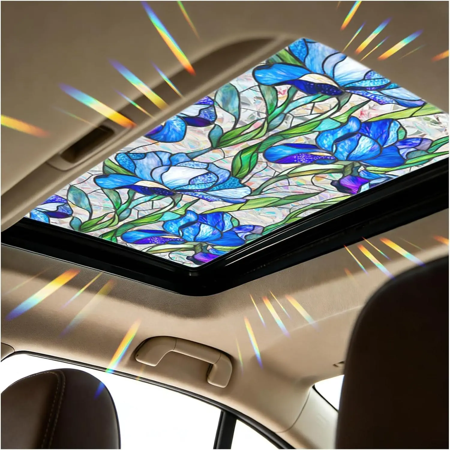 39.37×16.92 Inch  Sunroof Stained Glass Window Film,Stylish Sunroof Sticker Static Cling  Film Sun Protection,Stained Glass Sunroofs Films  Interior Accessories (Blue Flower)