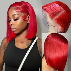 GK Bob Wig Human Hair 13x4 Frontal Lace Wig Human Hair 180% Density Glueless Pre Plucked with Baby Hair Straight HD Transparent Bob Wigs for Black Women Pre Plucked Natural Red Color 10 inch
