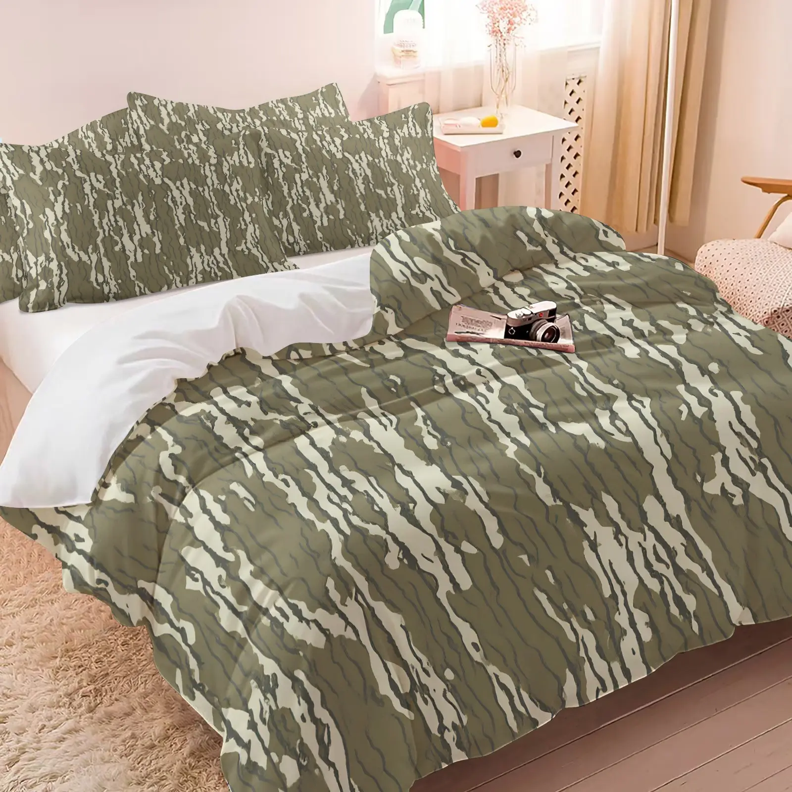 Classic Bottomland Camouflage Printed Bedding Set, Duvet Cover Sets, 1 Duvet Cover + 1/2 Pillowcases, No Core, HD Vivid Print, Mossy Oak Style Camo Pattern, Skin Friendly Bedding for Hunting Cabin & Rustic Room