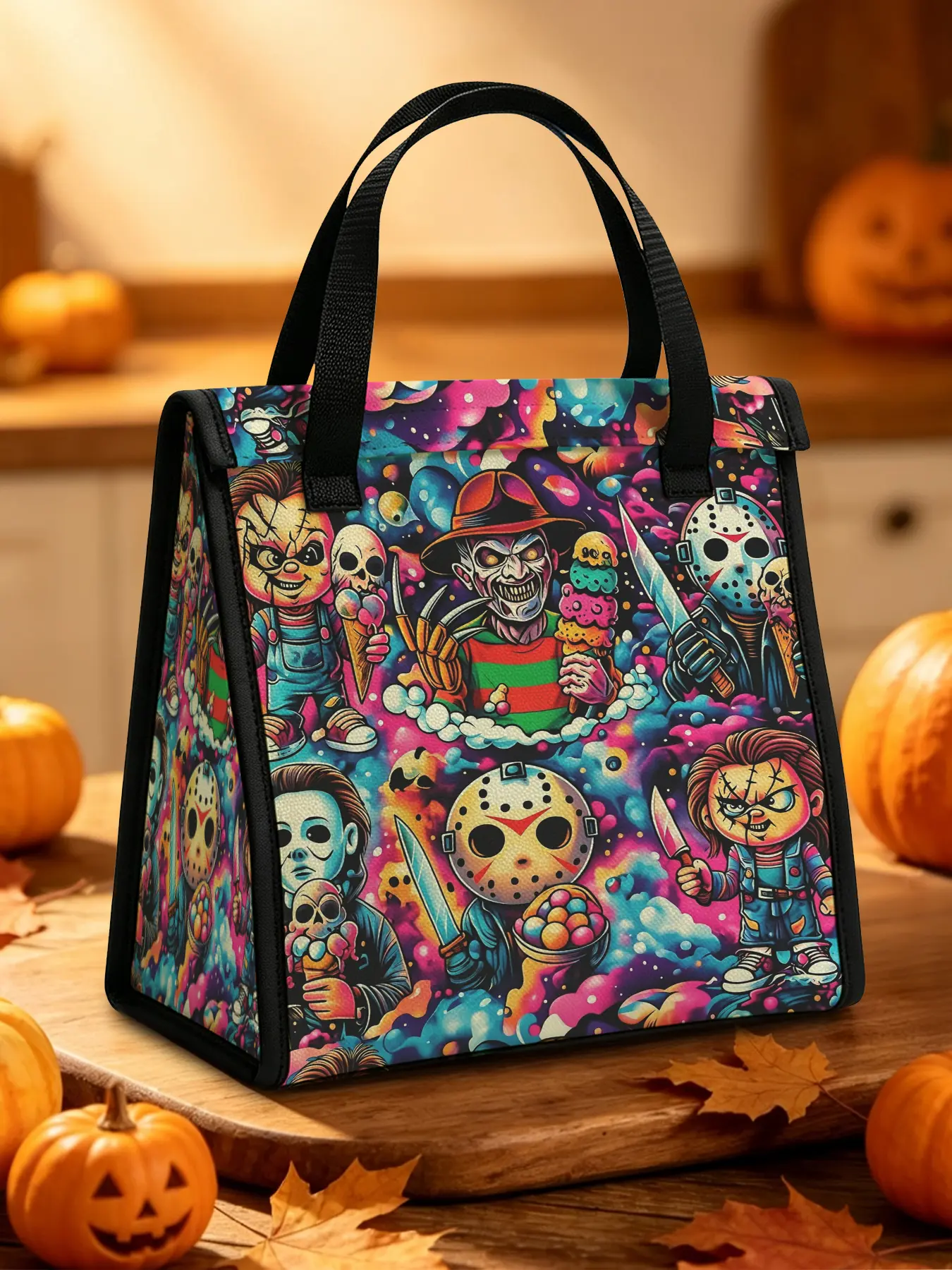 Trendy and terrifying character lunch bag Halloween themed lunch bag without zipper, insulated and cold, suitable for office, school, and daily commuting use