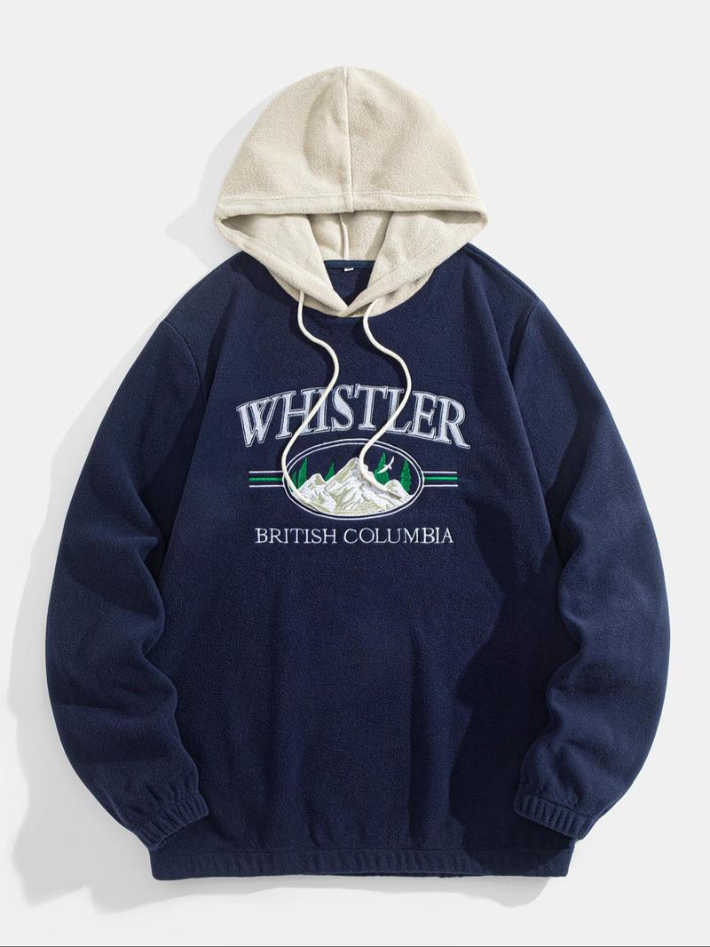 Men's Colorblock Patchwork Letter & Landscape Print Raglan Sleeve Color Contrast Hoodie, Casual Fashion Loose Drawstring Long Sleeve Hooded Sweatshirt for Fall & Winter, Men's Clothes for Daily Wear, Menswear