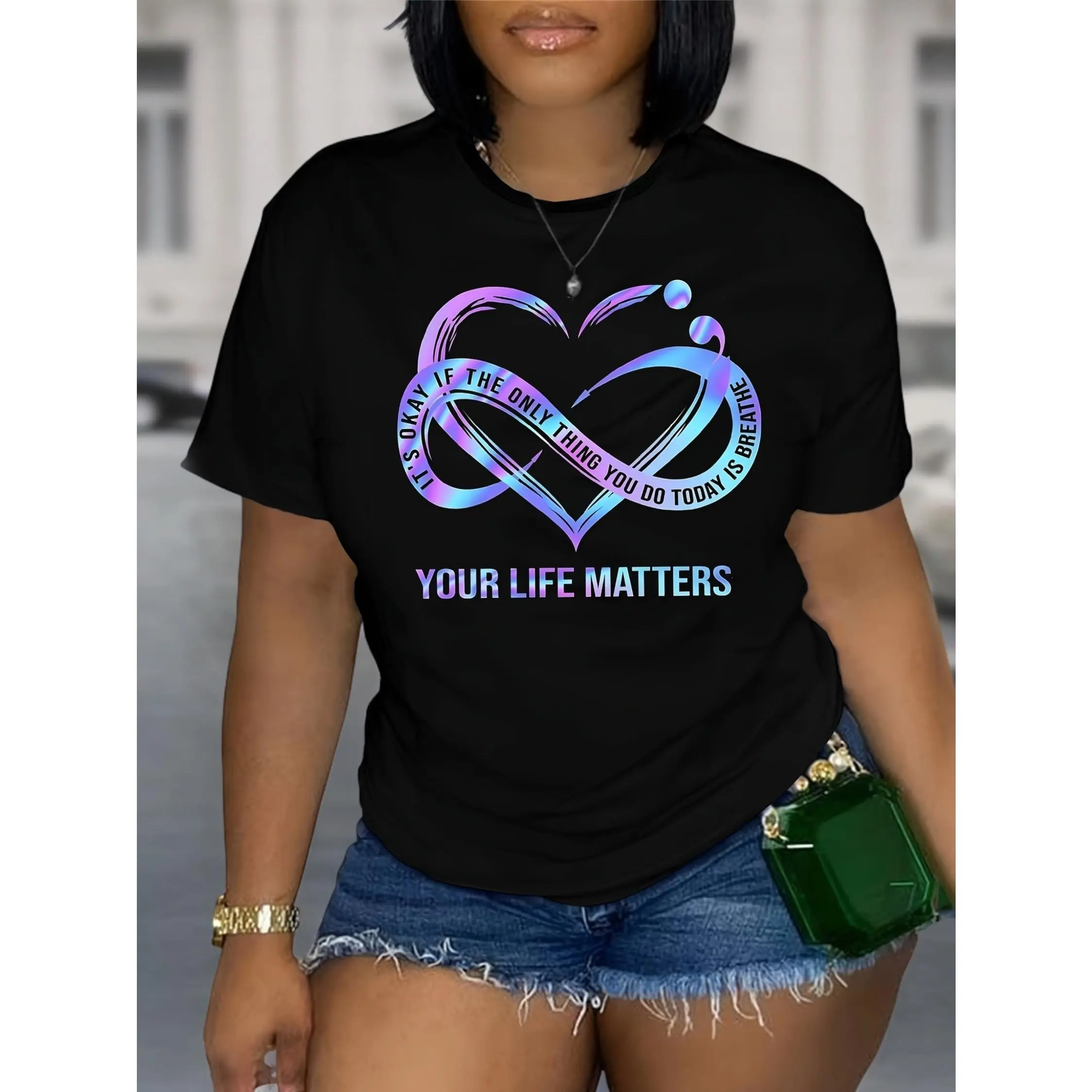Plus Size, Women's Plus Size Casual Printed Short Sleeve T-Shirt