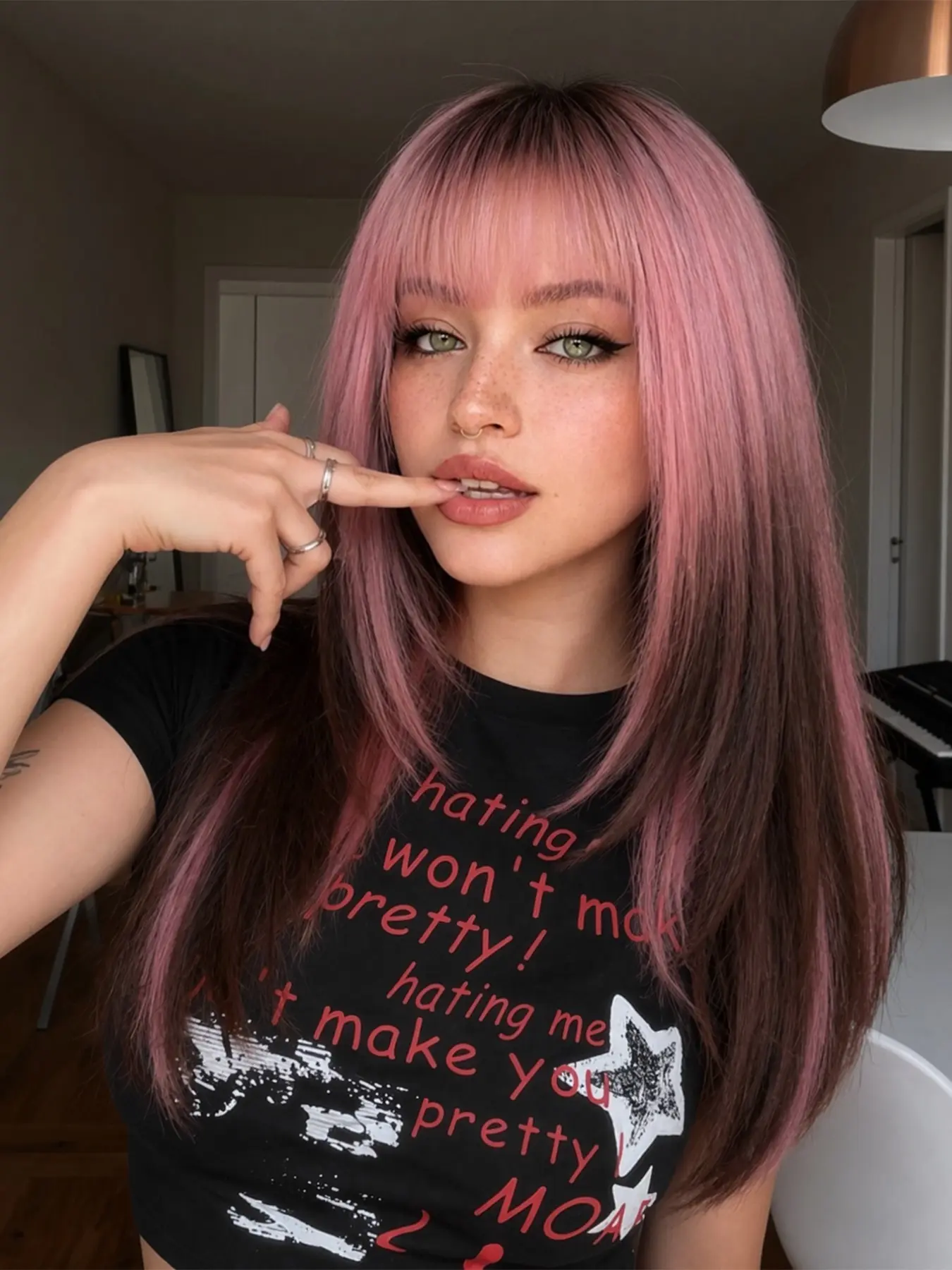 Pink to Dark Brown Reverse Ombre Long Straight Wig with Bangs, Heat Resistant Synthetic Hair, Natural Layered Wig for Women Daily Edgy Wear, Machine Made Wigs