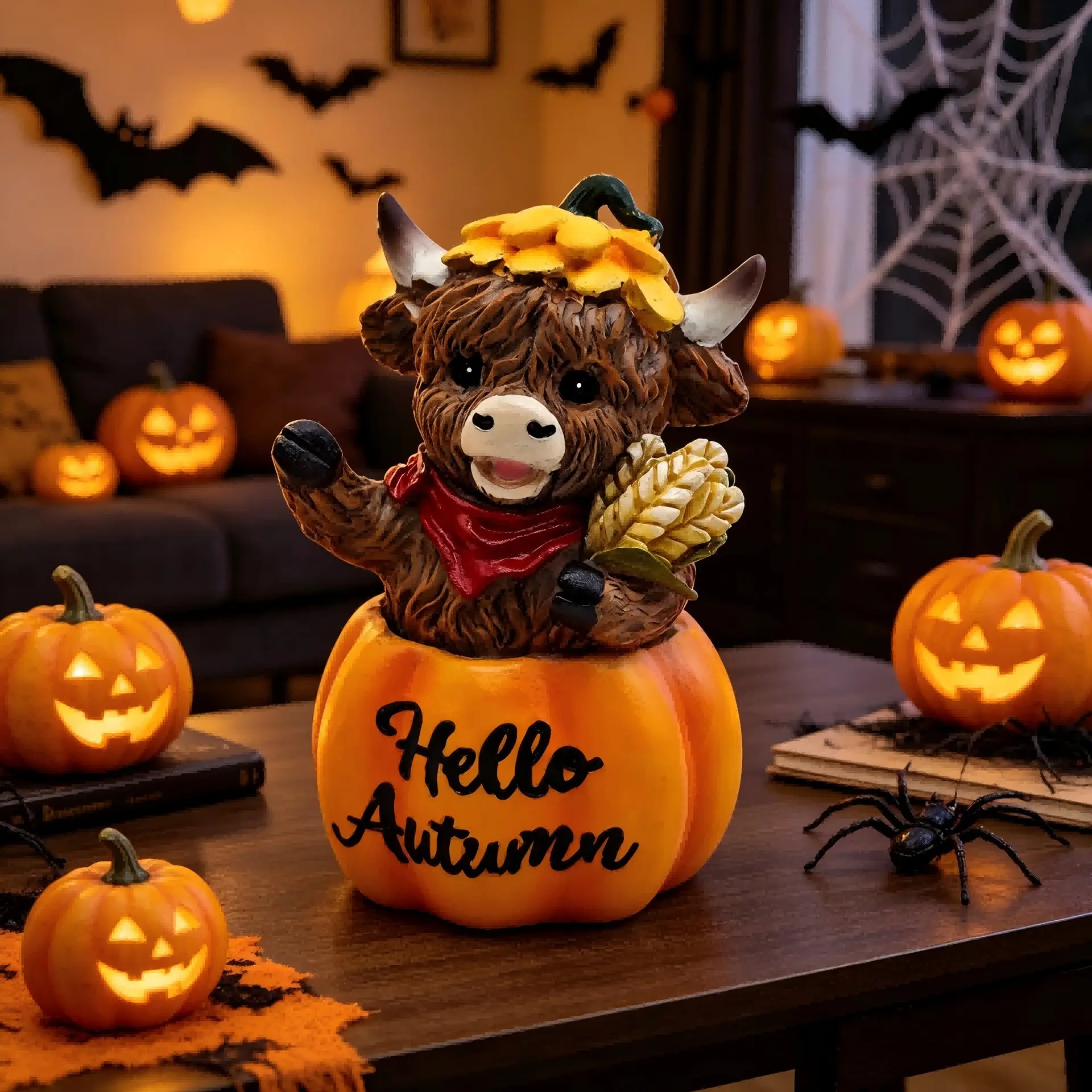Bestseller Resin Highland Cow Pumpkin Figurine, Autumn Harvest Desktop Ornament With Wheat Ear Decor, Happy Fall Farmhouse Tabletop Statue, Warm Seasonal Home Shelf Decor For Thanksgiving Halloween Party, Reusable Cute Farm Style Gift For Cosplay Photo Sh