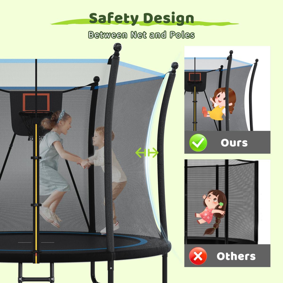 [Fahuac] 8FT Trampoline with Enclosure Net and Ladder, Outdoor Trampoline for Kids and Toddlers, Backyard Recreational Trampoline, Heavy Gauge Galvanized Steel Frame, 3 W-Shaped Legs