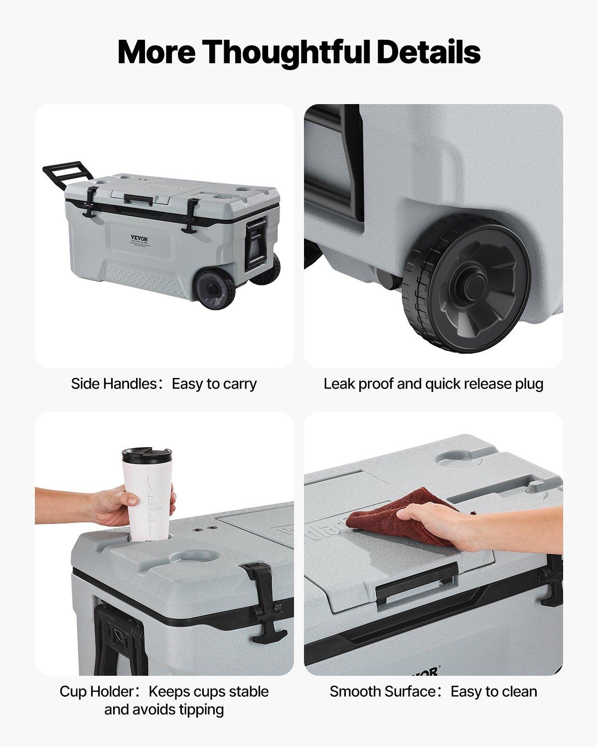 VEVOR Portable Cooler, 74 QT Wheeled Cooler with Ice Retention, Heavy-Duty Handles and Cup Holder, Lightweight Rigid Material Insulated Portable Cooler, Suitable for Family Picnics and Long Trips