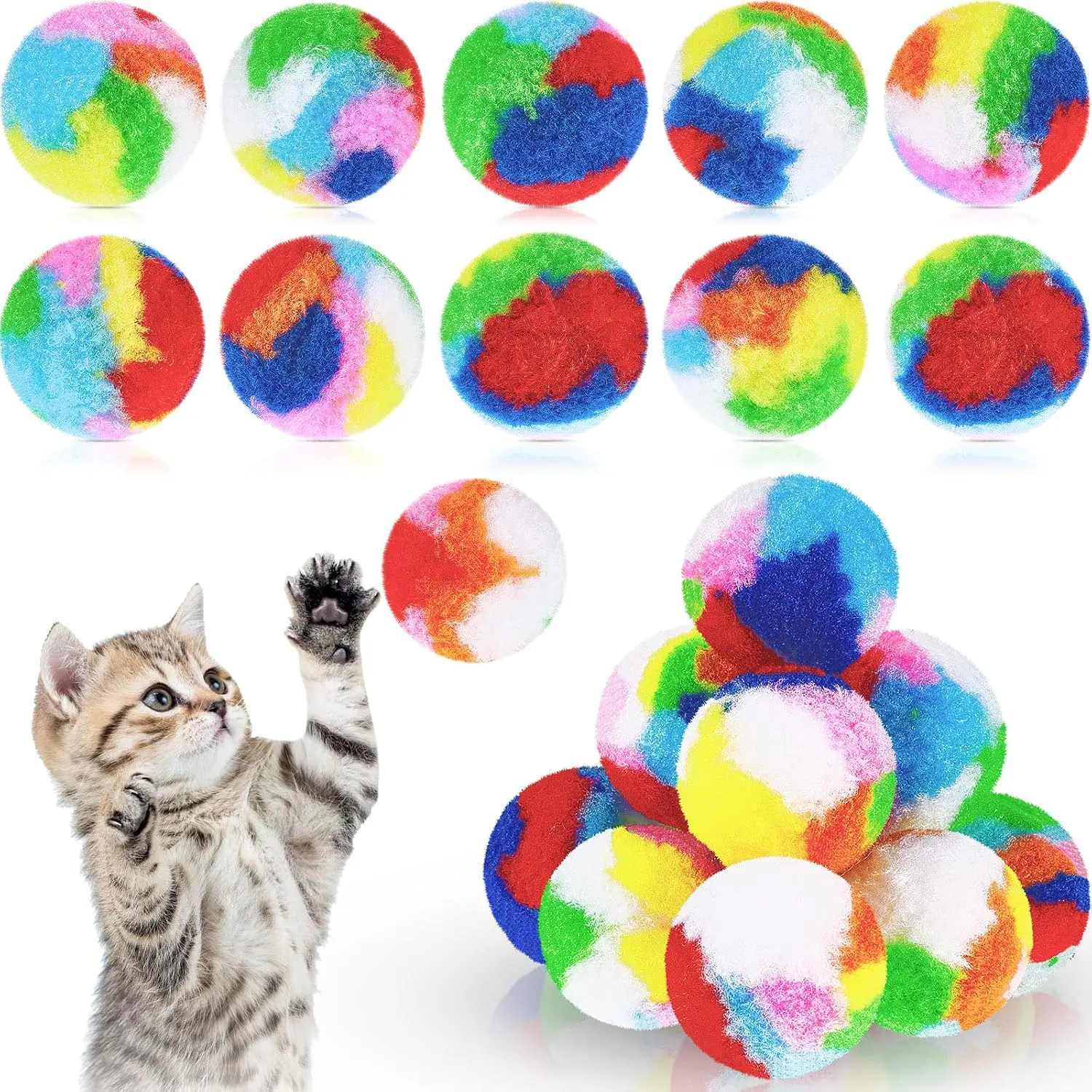20 count  Ball  1.6 Inch Fuzzy Pom Pom Balls for Kittens Cats | Soft Plush Yarn Puffs,  Bright Colors, Lightweight Quiet Play, for Batting Chasing Pouncing Kittens and Indoor Cats